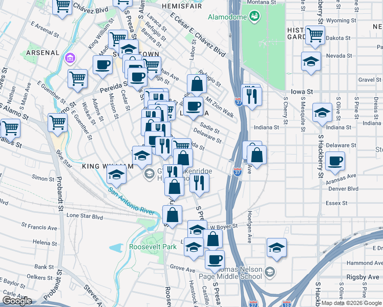map of restaurants, bars, coffee shops, grocery stores, and more near 117 Carolina Street in San Antonio
