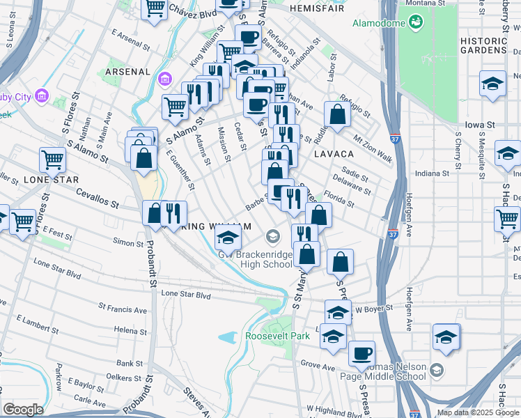 map of restaurants, bars, coffee shops, grocery stores, and more near 611 Cedar Street in San Antonio