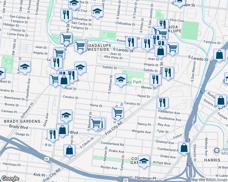 map of restaurants, bars, coffee shops, grocery stores, and more near 323 Hazel Street in San Antonio
