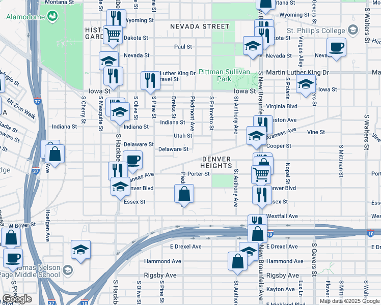 map of restaurants, bars, coffee shops, grocery stores, and more near 1230 Delaware Street in San Antonio