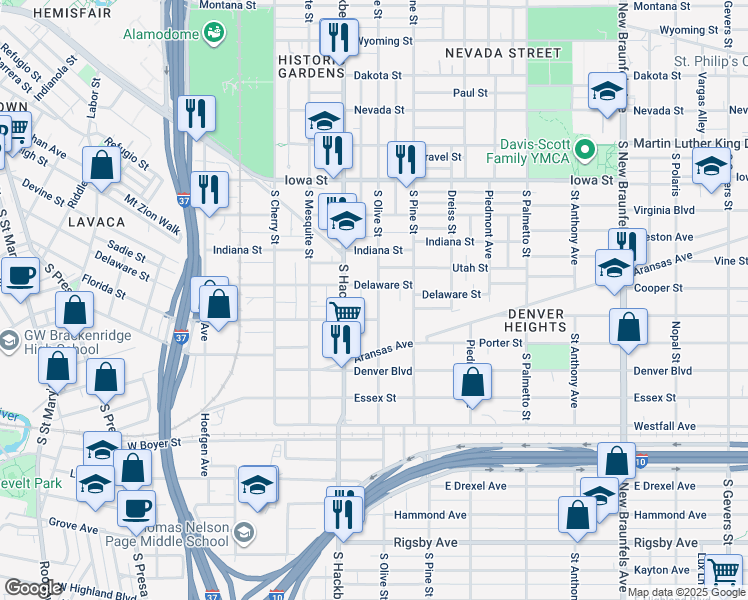 map of restaurants, bars, coffee shops, grocery stores, and more near 1015 South Olive Street in San Antonio