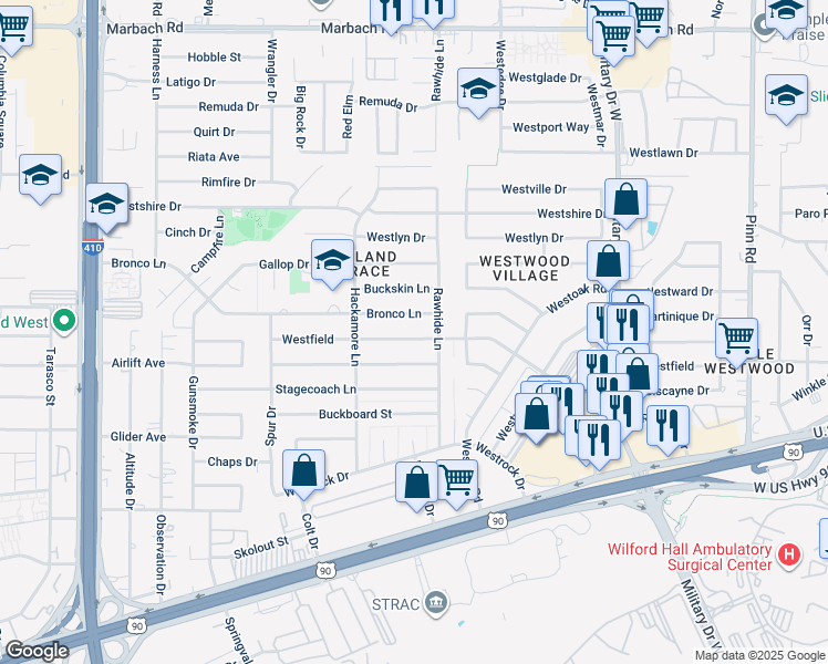 map of restaurants, bars, coffee shops, grocery stores, and more near 7419 Westfield in San Antonio