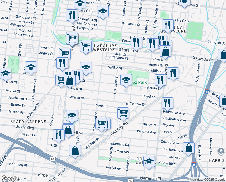 map of restaurants, bars, coffee shops, grocery stores, and more near 403 Hazel Street in San Antonio