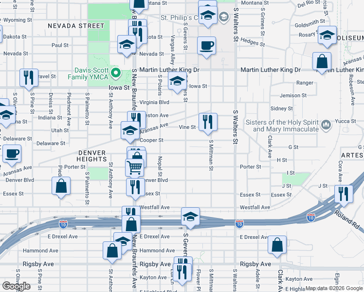 map of restaurants, bars, coffee shops, grocery stores, and more near 1211 South Gevers Street in San Antonio