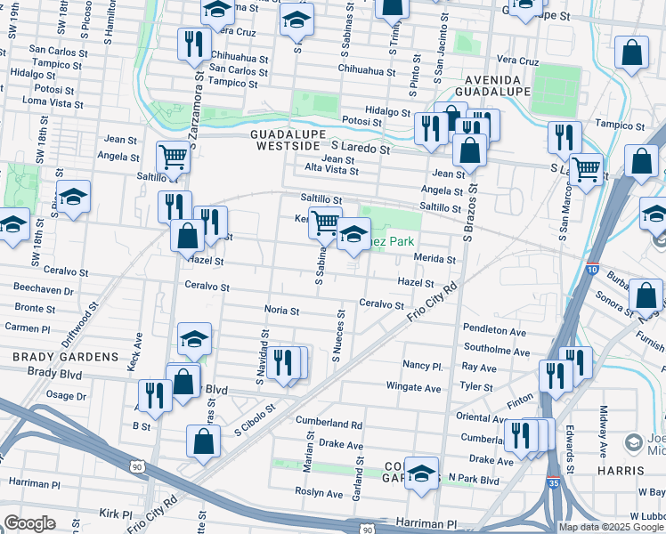 map of restaurants, bars, coffee shops, grocery stores, and more near 323 Hazel Street in San Antonio