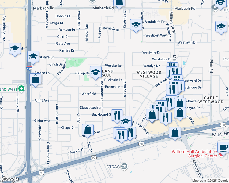 map of restaurants, bars, coffee shops, grocery stores, and more near 7419 Westfield in San Antonio