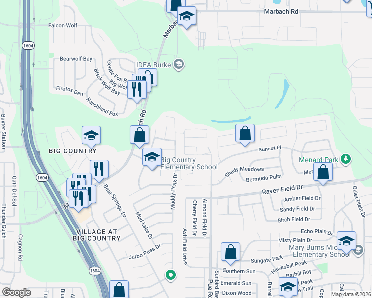 map of restaurants, bars, coffee shops, grocery stores, and more near 2326 Pue Rd in San Antonio