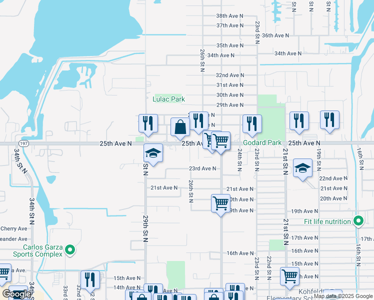 map of restaurants, bars, coffee shops, grocery stores, and more near 2417 26th Street North in Texas City