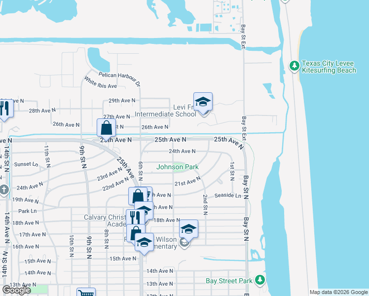 map of restaurants, bars, coffee shops, grocery stores, and more near 322 24th Avenue North in Texas City
