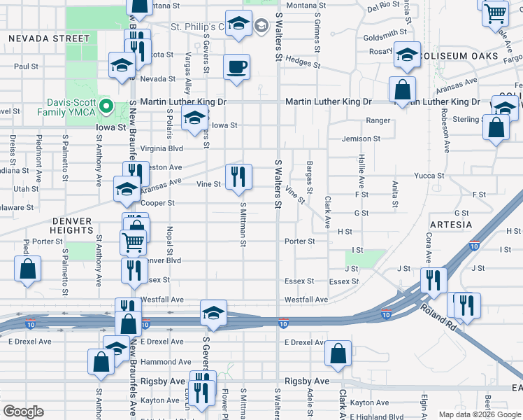 map of restaurants, bars, coffee shops, grocery stores, and more near 508 Cooper Street in San Antonio