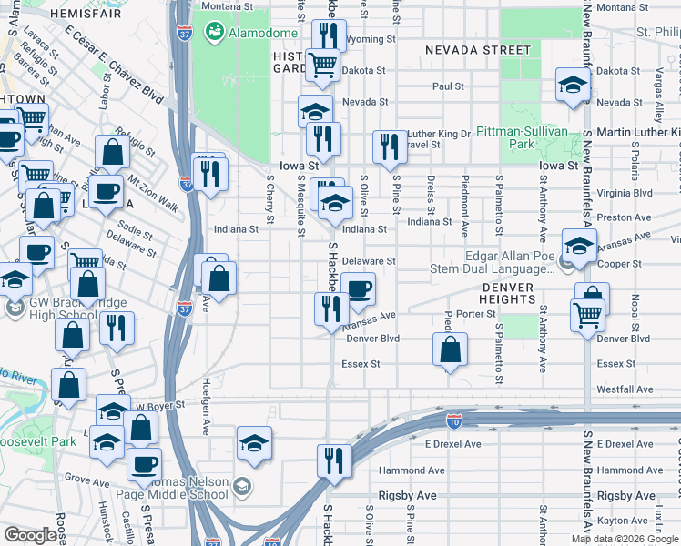 map of restaurants, bars, coffee shops, grocery stores, and more near 1115 South Hackberry in San Antonio