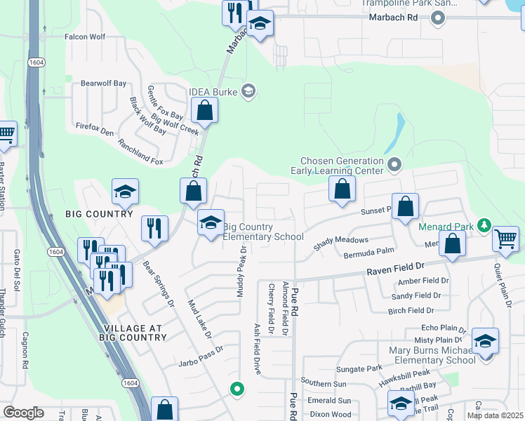 map of restaurants, bars, coffee shops, grocery stores, and more near 2326 Pue Rd in San Antonio