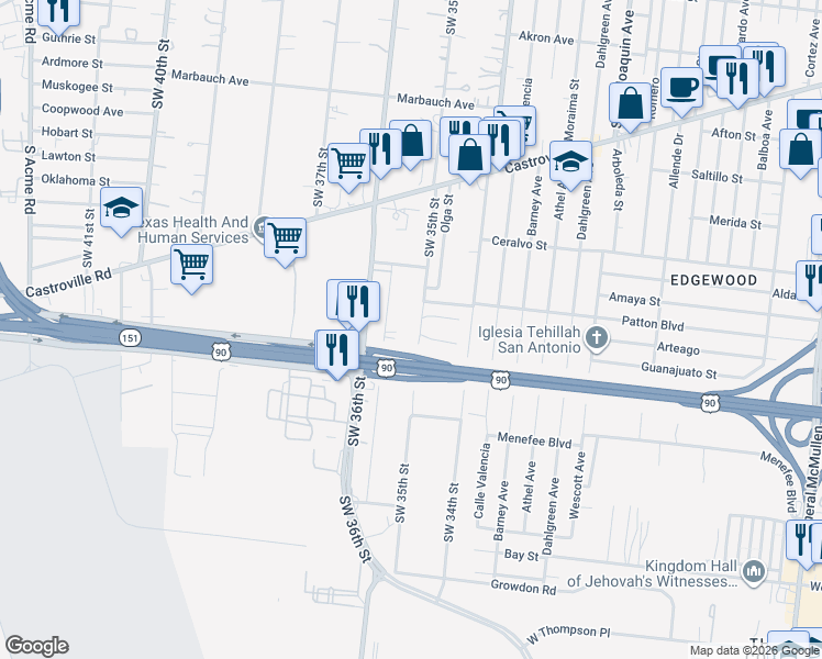 map of restaurants, bars, coffee shops, grocery stores, and more near 1139 Southwest 35th Street in San Antonio