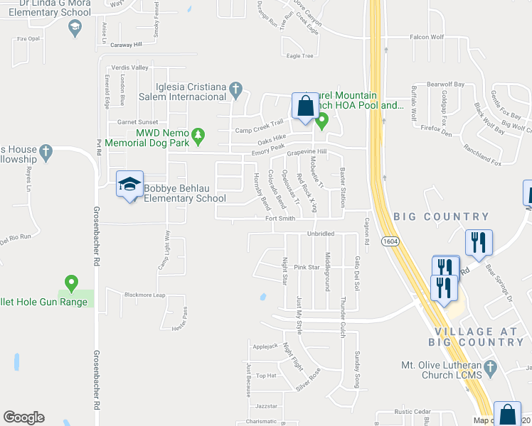 map of restaurants, bars, coffee shops, grocery stores, and more near 2327 Hornsby Bend in San Antonio