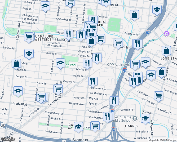 map of restaurants, bars, coffee shops, grocery stores, and more near 1903 South Brazos Street in San Antonio