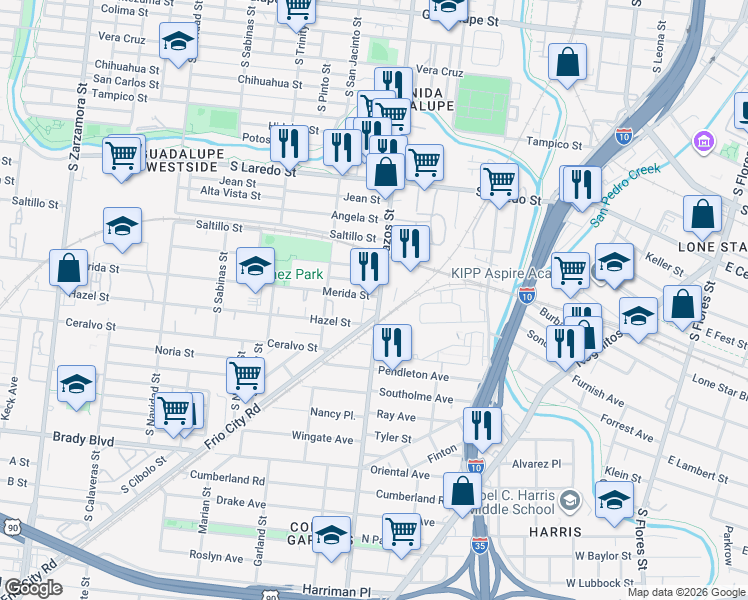map of restaurants, bars, coffee shops, grocery stores, and more near 1903 South Brazos Street in San Antonio