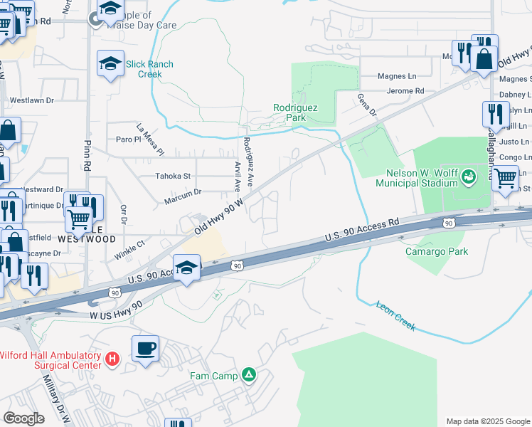 map of restaurants, bars, coffee shops, grocery stores, and more near 6303 Enrique M. Barrera Parkway in San Antonio
