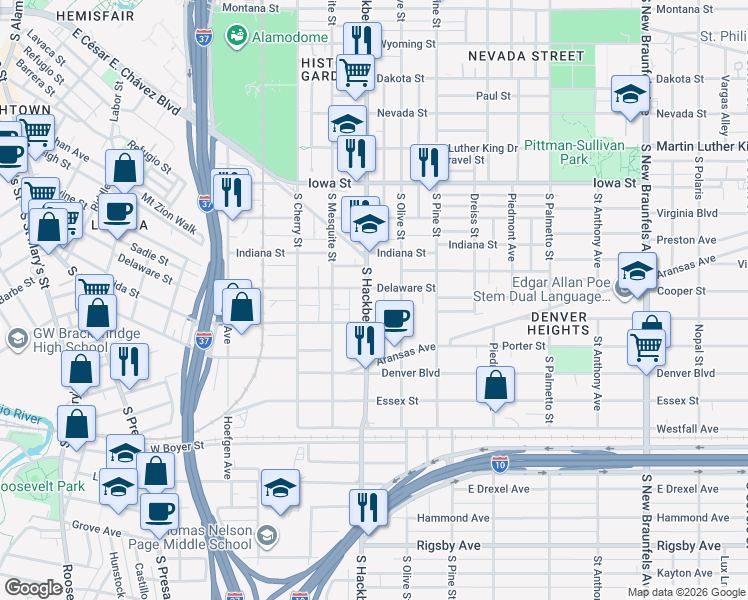map of restaurants, bars, coffee shops, grocery stores, and more near 1115 South Hackberry in San Antonio
