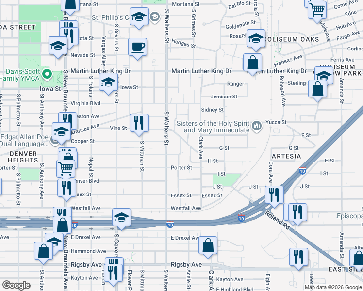 map of restaurants, bars, coffee shops, grocery stores, and more near 438 Vine Street in San Antonio