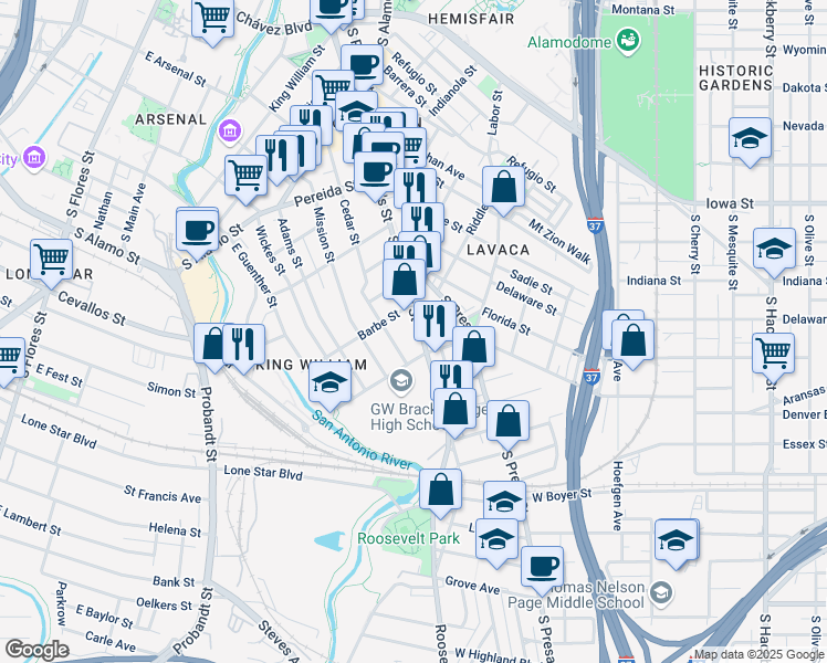 map of restaurants, bars, coffee shops, grocery stores, and more near 1423 South Saint Mary's Street in San Antonio