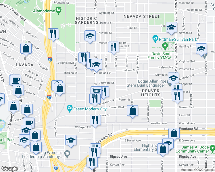 map of restaurants, bars, coffee shops, grocery stores, and more near 1010 South Olive Street in San Antonio