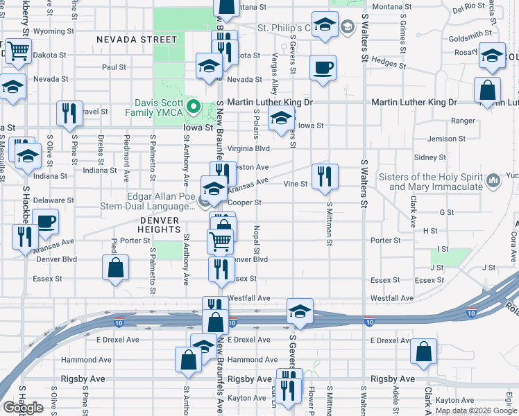 map of restaurants, bars, coffee shops, grocery stores, and more near 310 Cooper Street in San Antonio