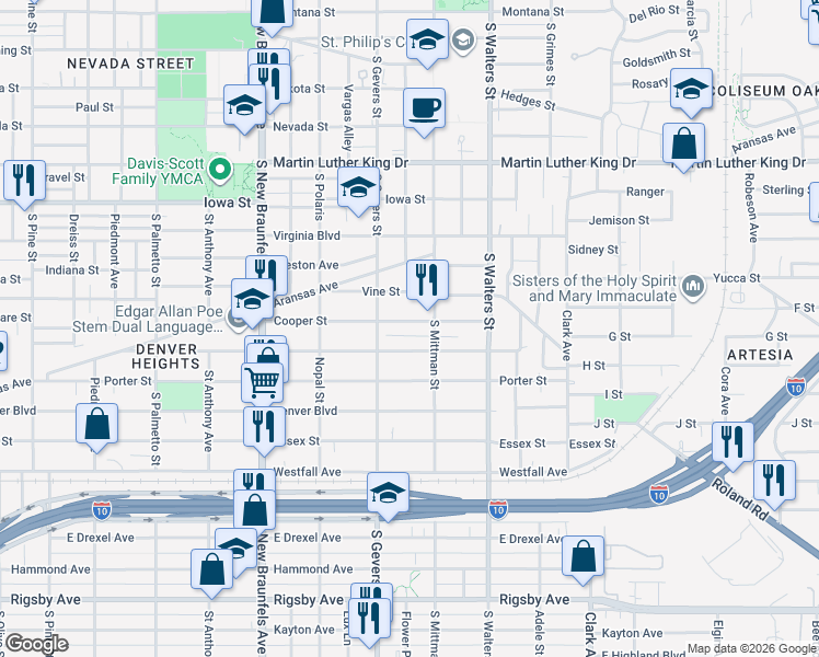 map of restaurants, bars, coffee shops, grocery stores, and more near 426 Cooper Street in San Antonio