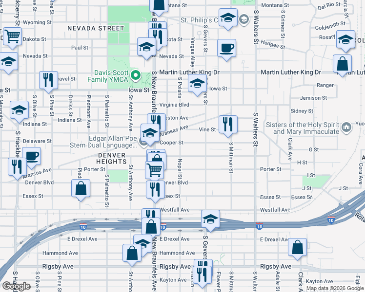 map of restaurants, bars, coffee shops, grocery stores, and more near 310 Cooper Street in San Antonio