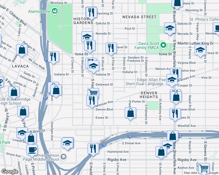 map of restaurants, bars, coffee shops, grocery stores, and more near 1013 South Pine Street in San Antonio