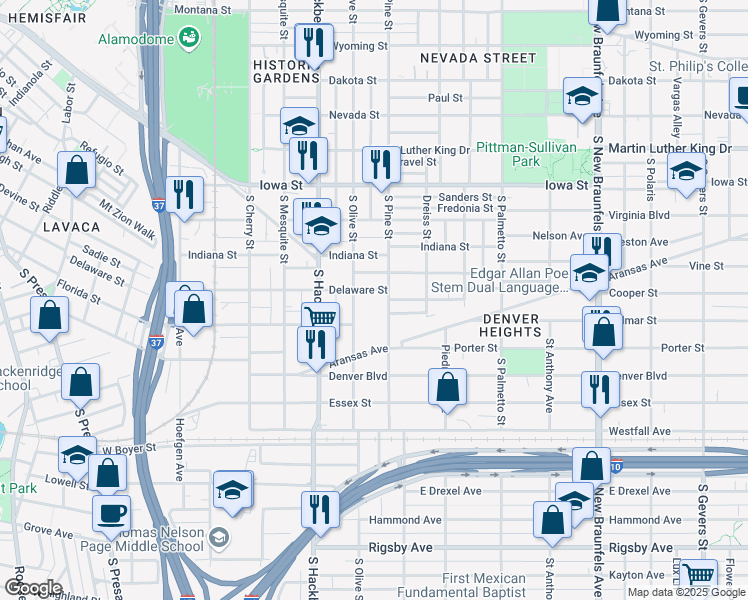 map of restaurants, bars, coffee shops, grocery stores, and more near 1013 South Pine Street in San Antonio