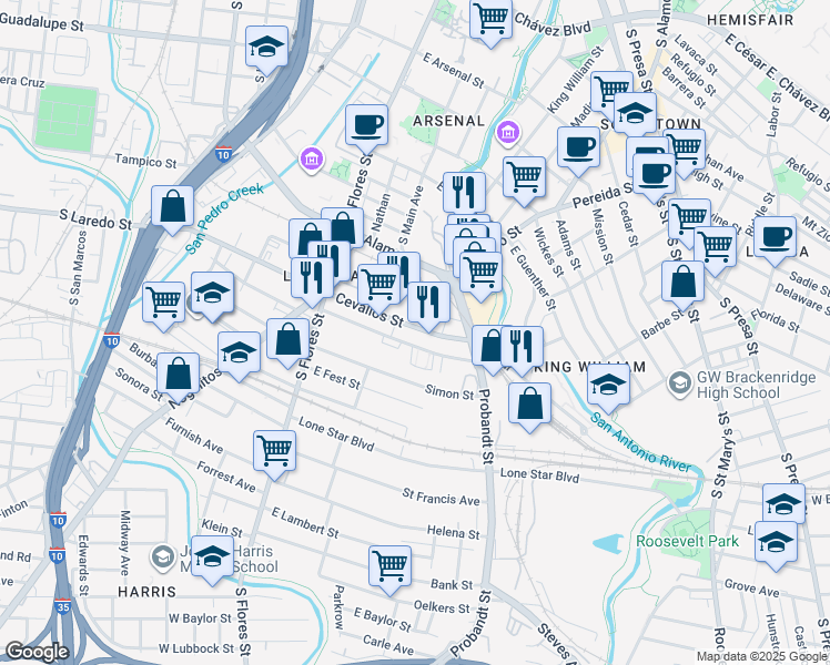 map of restaurants, bars, coffee shops, grocery stores, and more near 316 East Cevallos Street in San Antonio