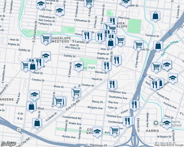 map of restaurants, bars, coffee shops, grocery stores, and more near 1917 South San Jacinto Street in San Antonio