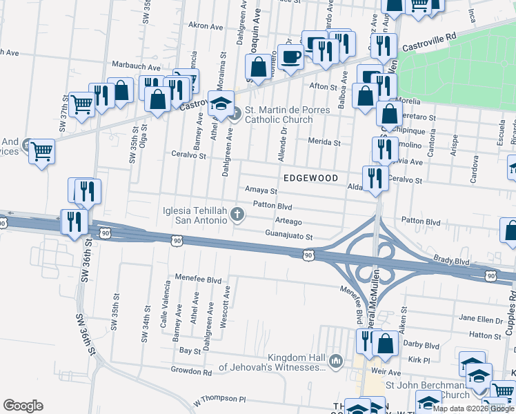 map of restaurants, bars, coffee shops, grocery stores, and more near 439 Arteago in San Antonio