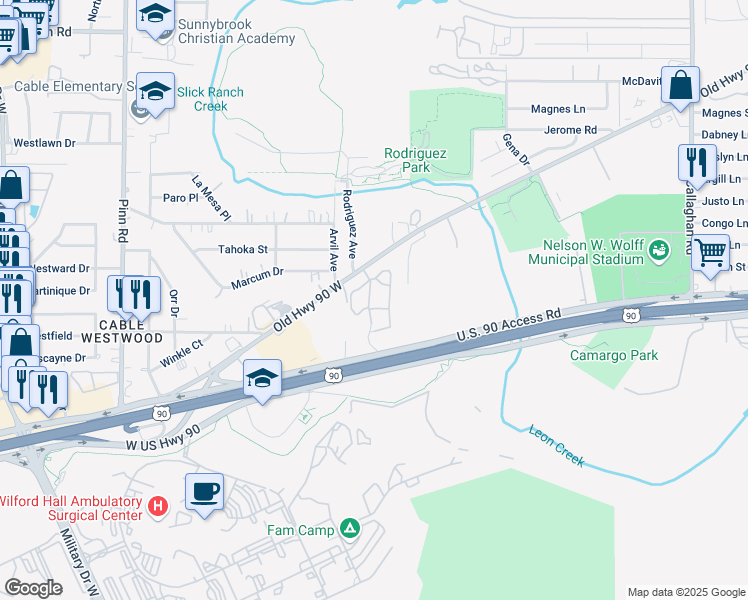 map of restaurants, bars, coffee shops, grocery stores, and more near 6303 U.S. 90 in San Antonio