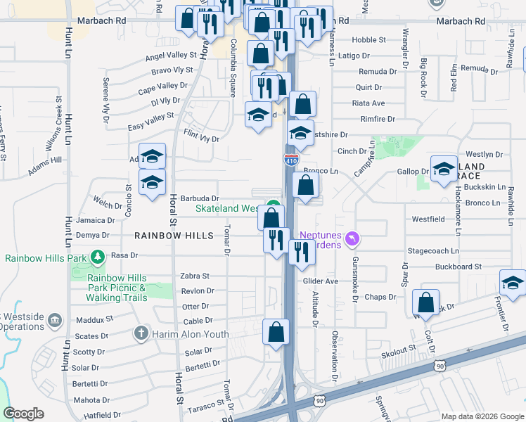 map of restaurants, bars, coffee shops, grocery stores, and more near 215 Jamaica Drive in San Antonio