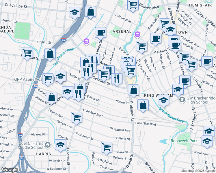 map of restaurants, bars, coffee shops, grocery stores, and more near 302 Clay in San Antonio