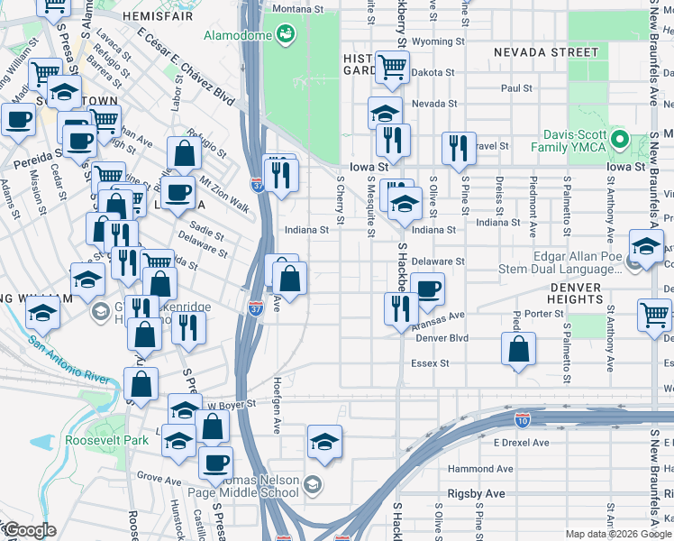 map of restaurants, bars, coffee shops, grocery stores, and more near 1115 South Cherry Street in San Antonio