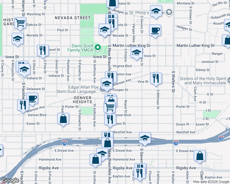 map of restaurants, bars, coffee shops, grocery stores, and more near 226 Cooper Street in San Antonio