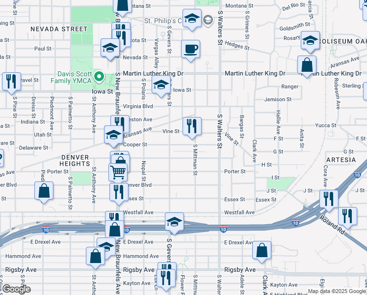 map of restaurants, bars, coffee shops, grocery stores, and more near 426 Cooper Street in San Antonio