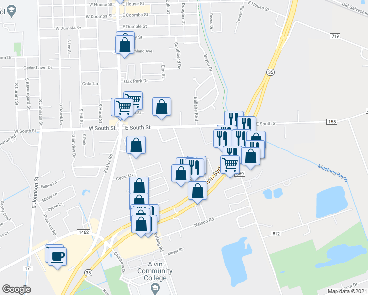 map of restaurants, bars, coffee shops, grocery stores, and more near 1905 Jephson Lane in Alvin