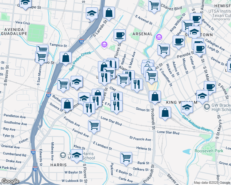 map of restaurants, bars, coffee shops, grocery stores, and more near 130 Clay in San Antonio