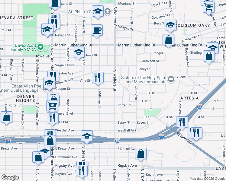 map of restaurants, bars, coffee shops, grocery stores, and more near 546 Cooper Street in San Antonio