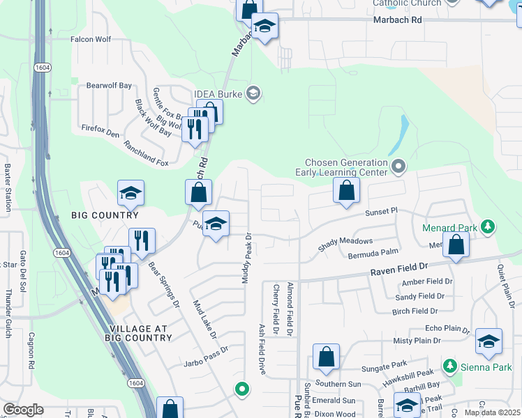 map of restaurants, bars, coffee shops, grocery stores, and more near 2326 Pue Rd in San Antonio