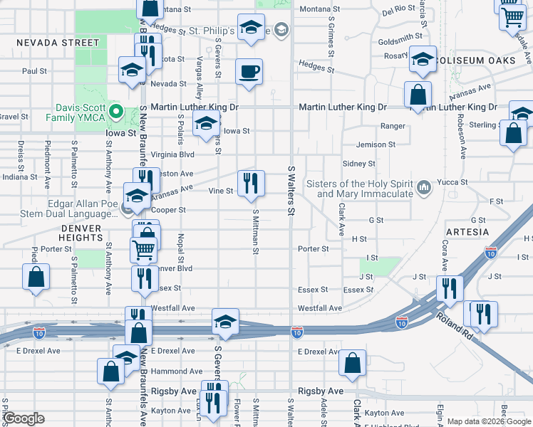 map of restaurants, bars, coffee shops, grocery stores, and more near 508 Cooper Street in San Antonio