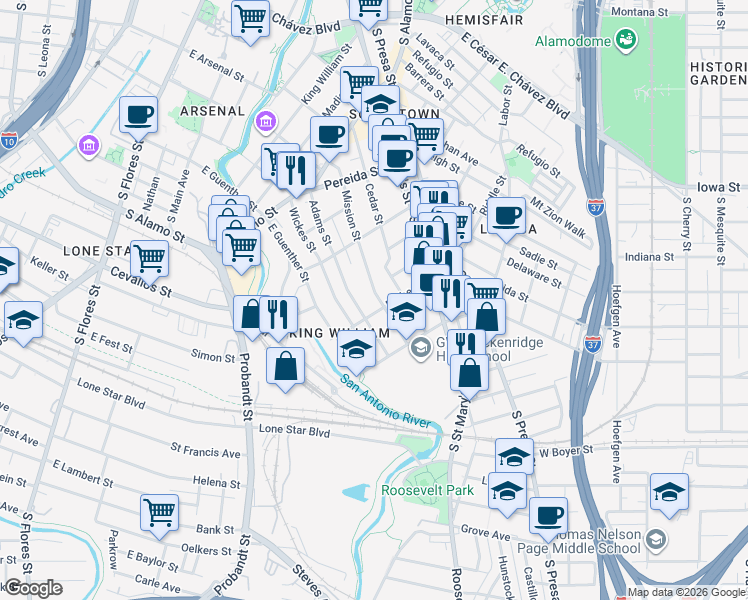 map of restaurants, bars, coffee shops, grocery stores, and more near 430 Adams Street in San Antonio