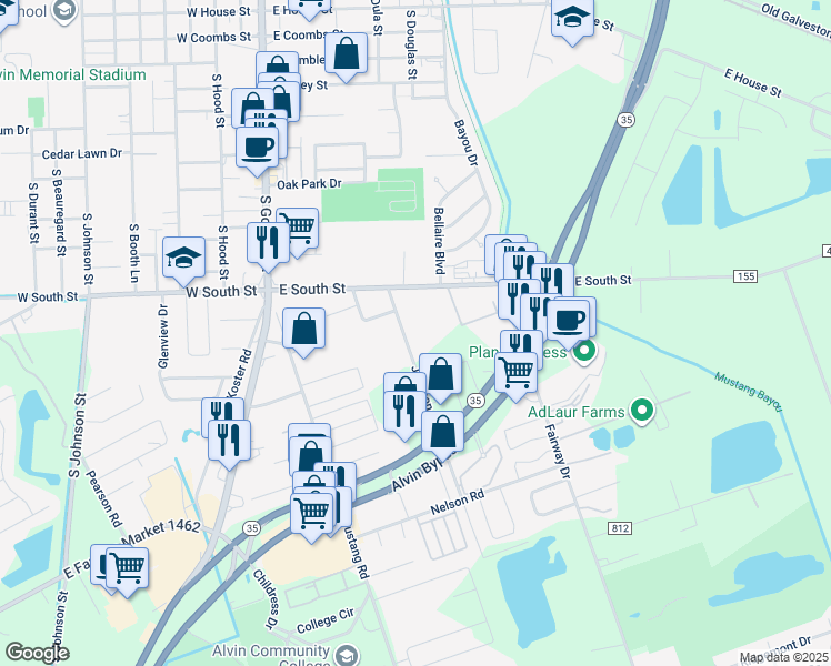 map of restaurants, bars, coffee shops, grocery stores, and more near 1905 Jephson Lane in Alvin