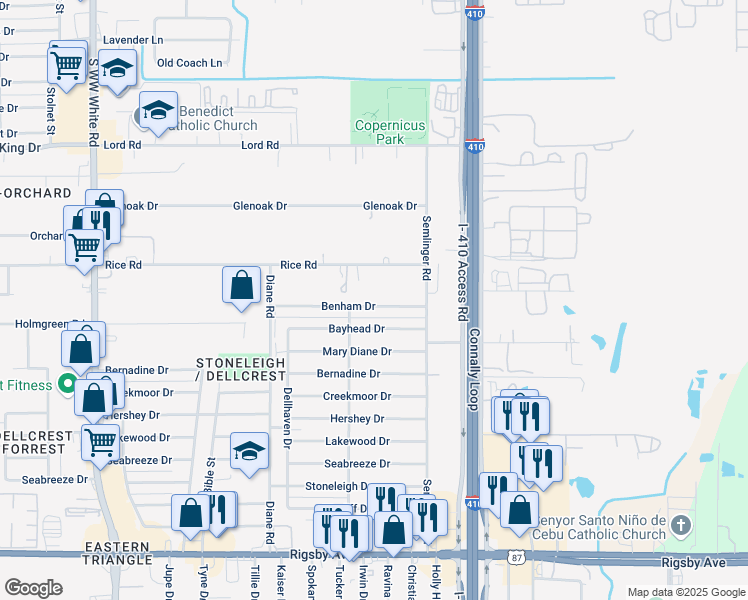 map of restaurants, bars, coffee shops, grocery stores, and more near 5010 Benham Drive in San Antonio