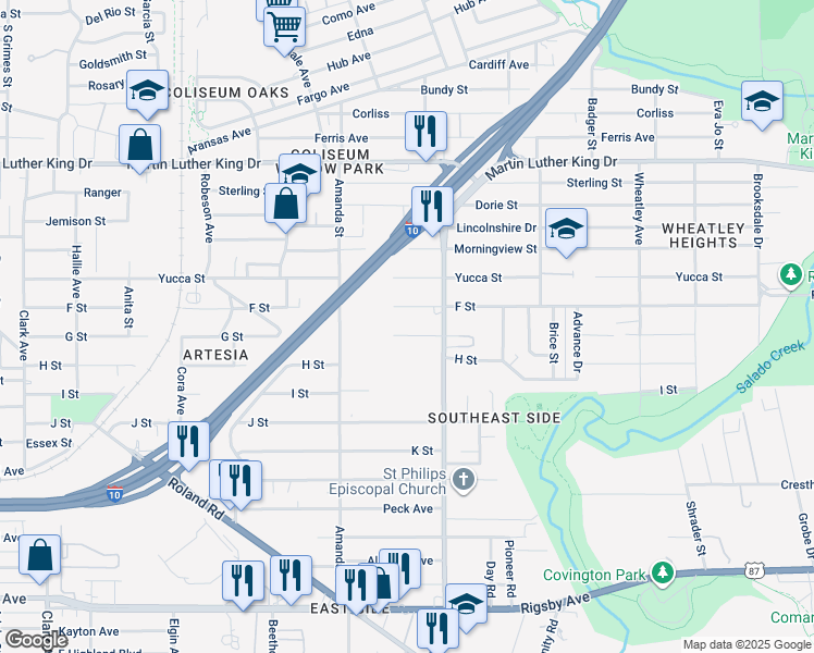 map of restaurants, bars, coffee shops, grocery stores, and more near 759 G Street in San Antonio