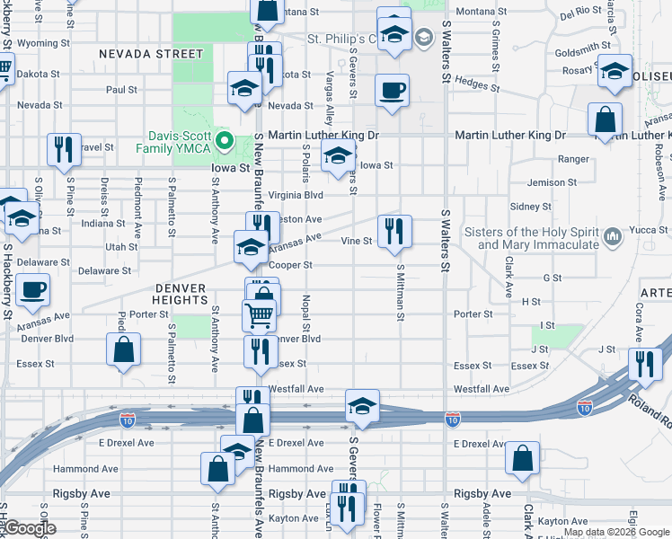 map of restaurants, bars, coffee shops, grocery stores, and more near 1211 South Gevers Street in San Antonio