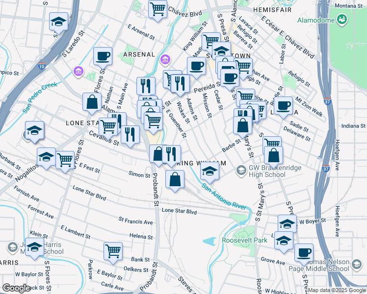 map of restaurants, bars, coffee shops, grocery stores, and more near 156 Crofton Avenue in San Antonio